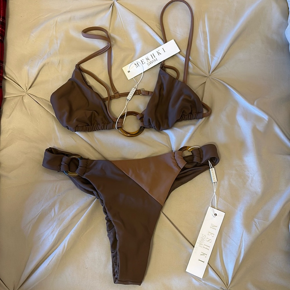 Meshki Clarissa O-Ring Triangle Top & Maxine Spliced Bikini Bottom in Chocolate